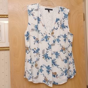 WHBM White Blue Floral Rose V neck Short Sleeve Blouse Top Sz 14